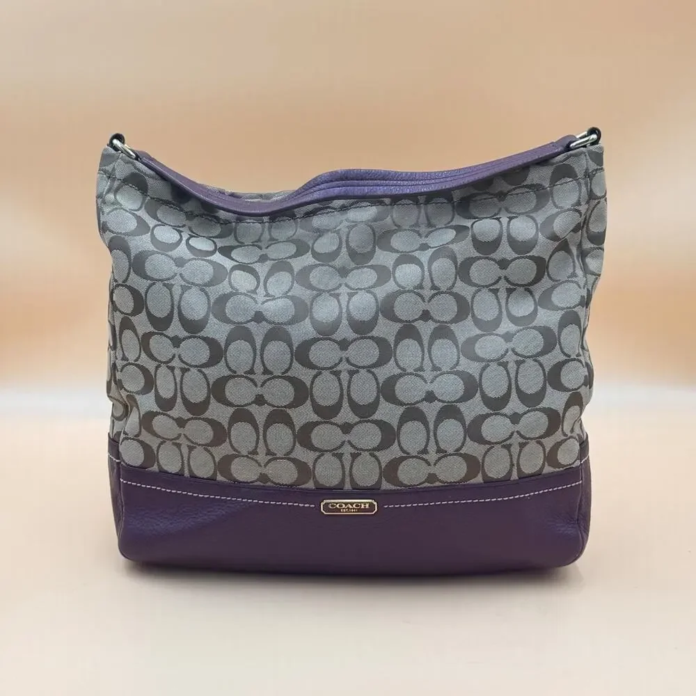 Coach Signature Jacquard Hobo Bag Khaki Purple Leather Shoulder Purse